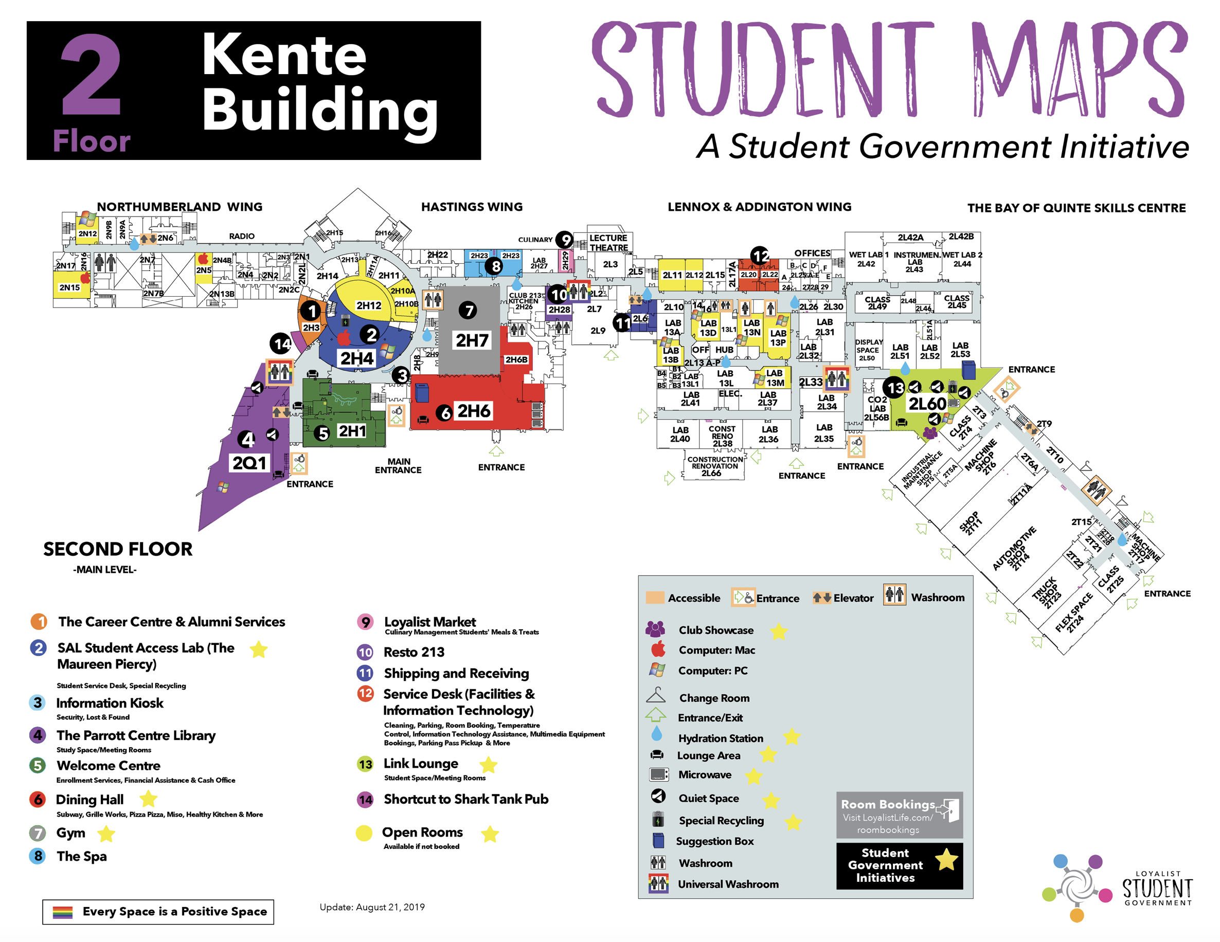 Map of Kente Building at Loyalist College - Level 2 indicating location of Resto 213 and the Loyalist Market.